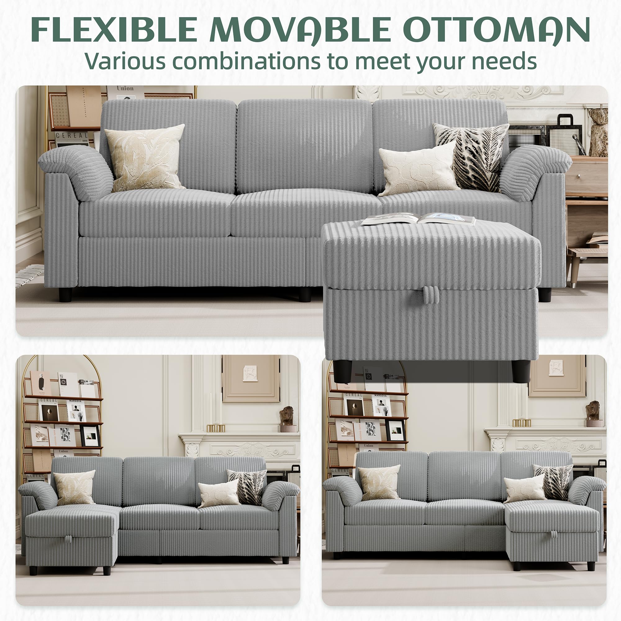 Convertible Sectional Sofa 3-Seat L-Shaped Couch Light Grey