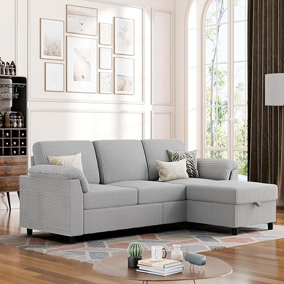 Convertible Sectional Sofa 3-Seat L-Shaped Couch Light Grey