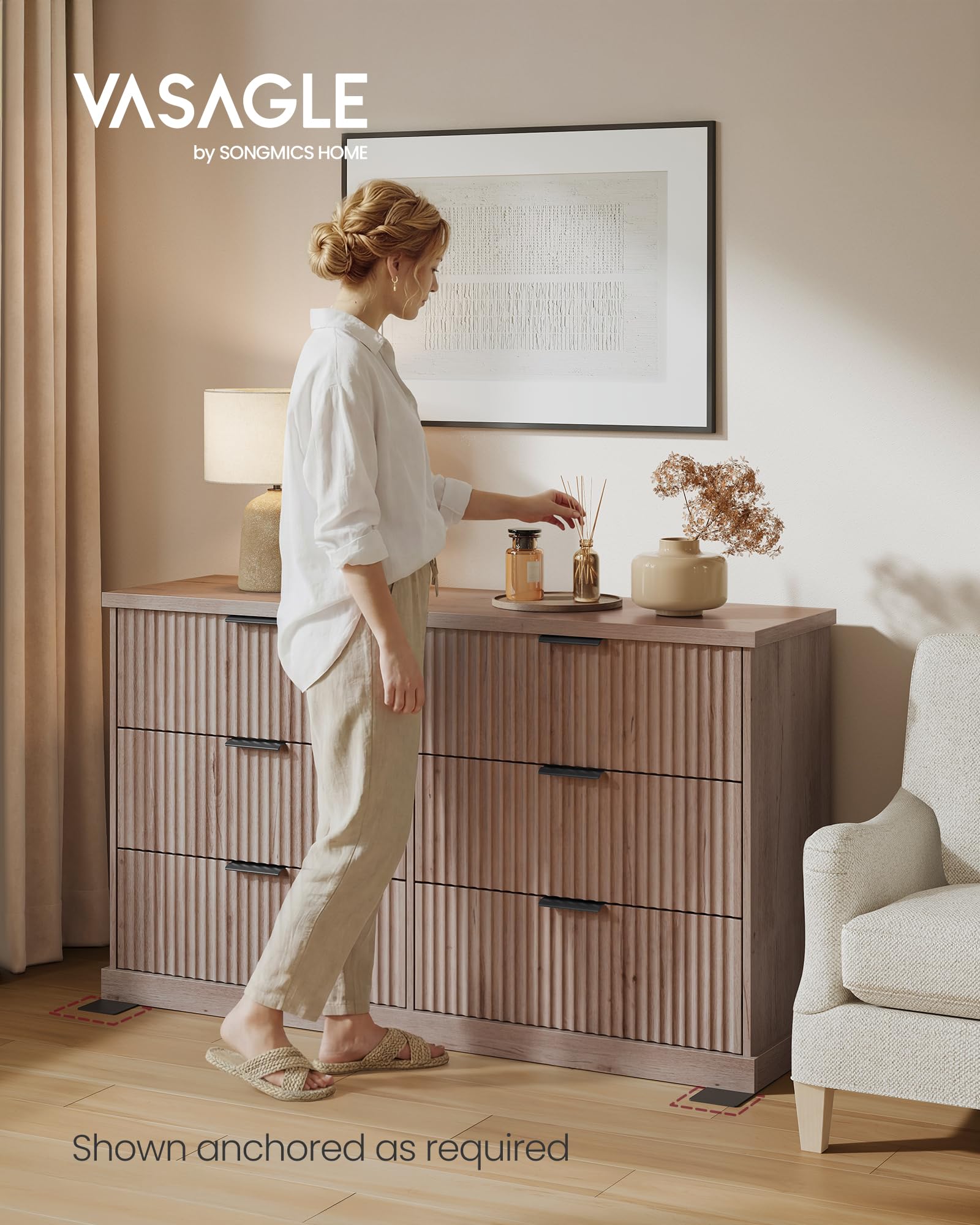 6-Drawer Wide Dresser with Fluted Panels