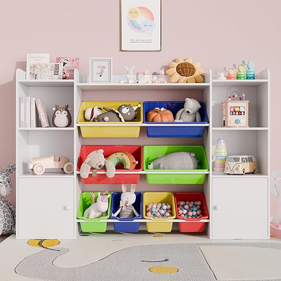 Kids Toy Storage Organizer with 8 Bins and 4-Tier Bookshelf