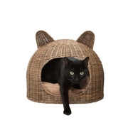 Cat Ear Coastal Handwoven Rattan Cat Bed with Washable Cushion