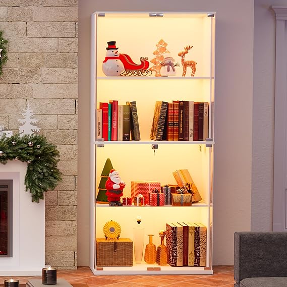 Glass Display Cabinet with LED Lights 4-Tier Curio Display Case with Lock
