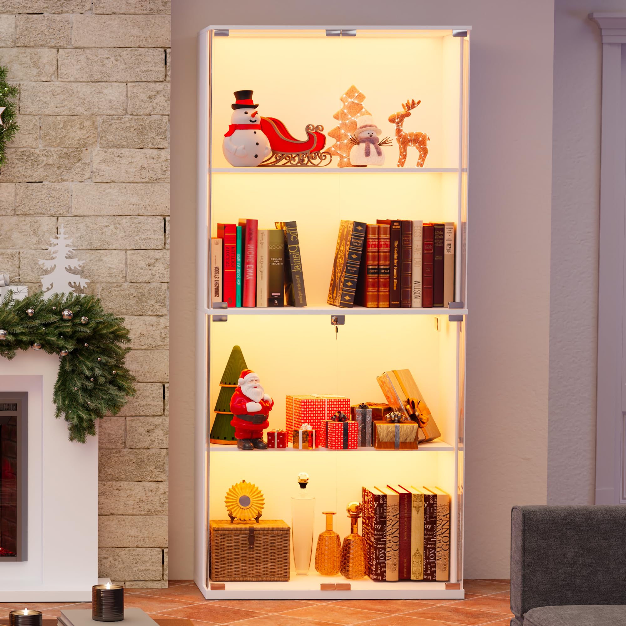 Glass Display Cabinet with LED Lights 4-Tier Curio Display Case with Lock