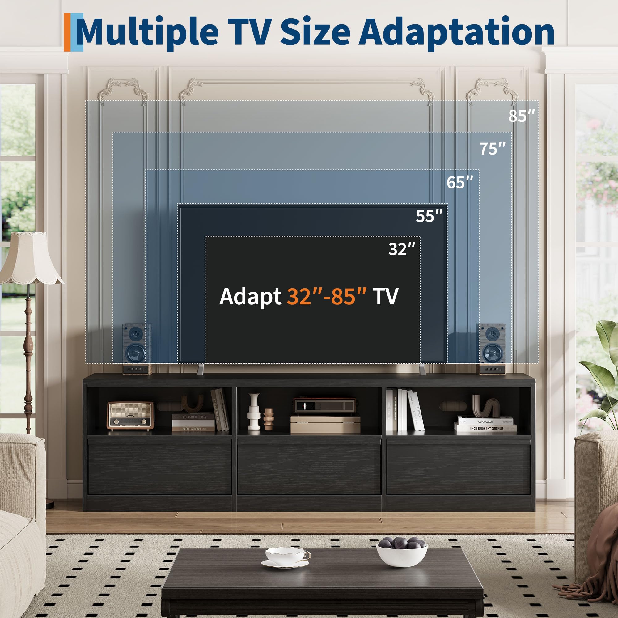 70 Inch TV Stand with Storage Drawer and Open Shelves
