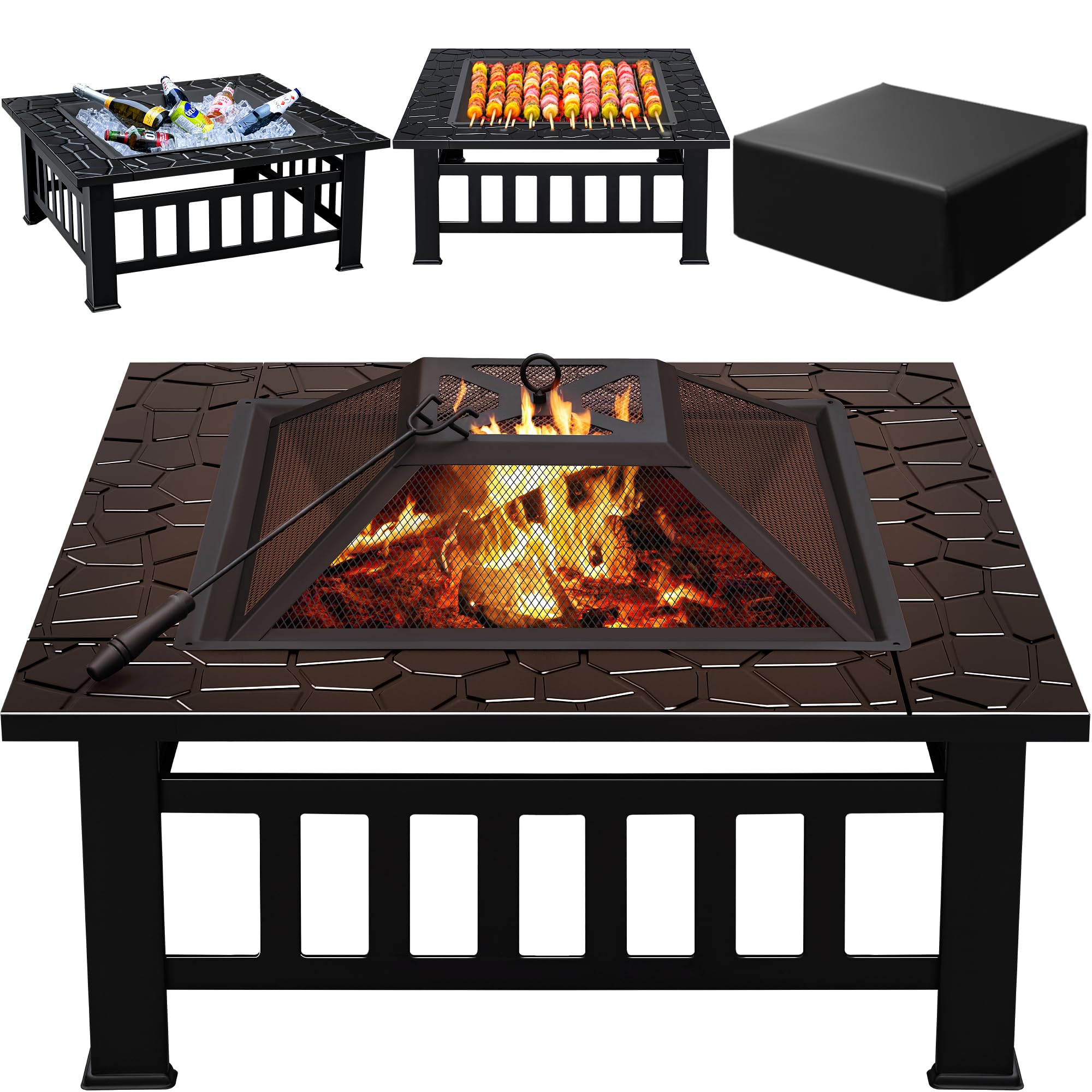 Square Metal Fire Pit with Spark Screen