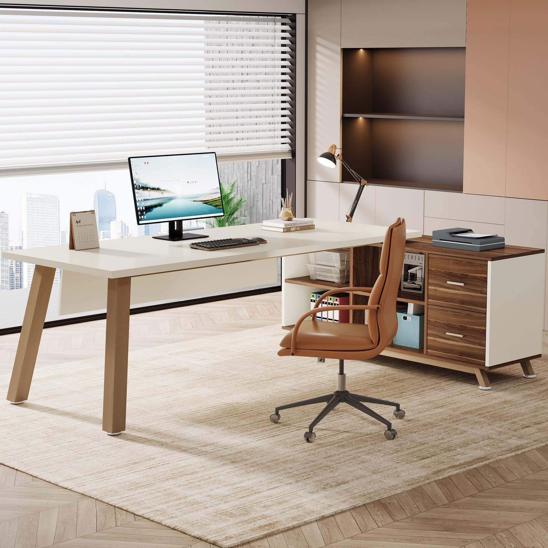 78.7-Inch L-Shaped Executive Desk with Storage Cabinet