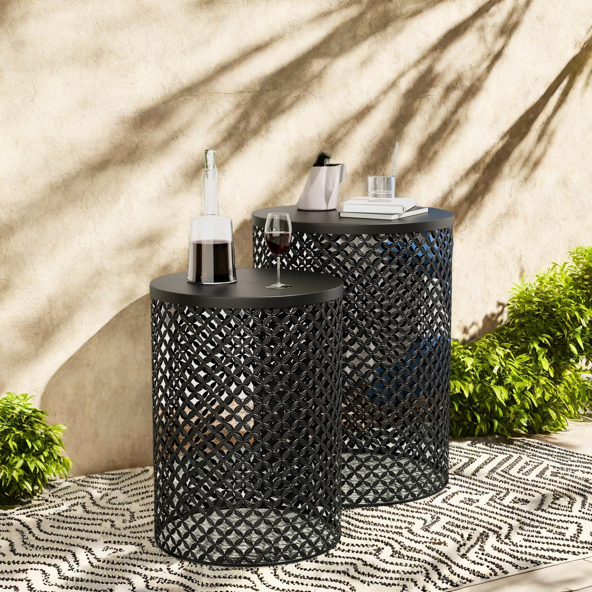 Outdoor Side Table Set of 2 - Round Metal Patio Accent Tables