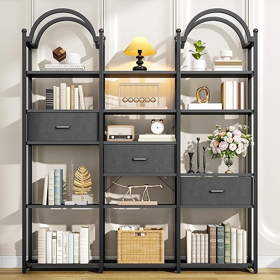 83.5" Tall Arched Bookshelf with 3 Drawers and 13 Storage Shelves