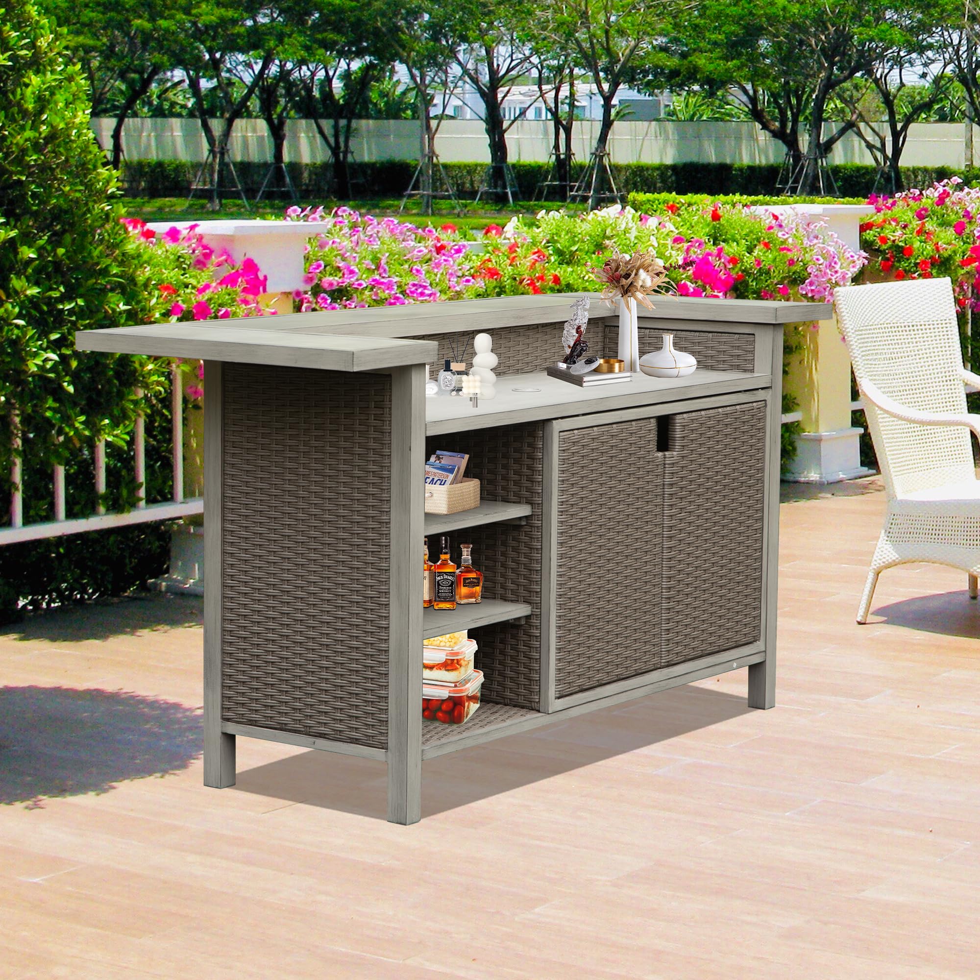 Outdoor Aluminum PE Wicker Bar Table with Storage Cabinet