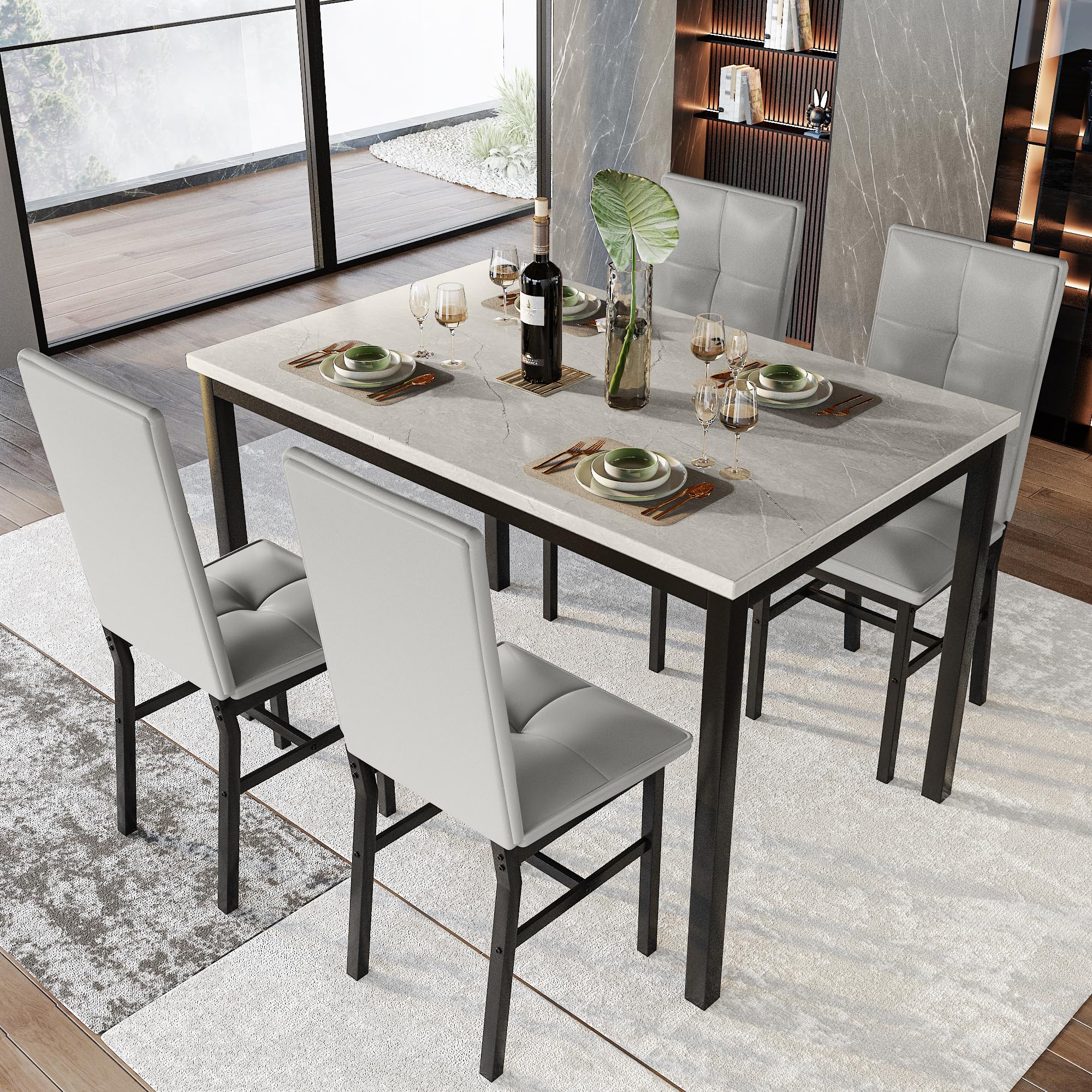 5-Piece Faux Marble Dining Table Set with 4 Chairs
