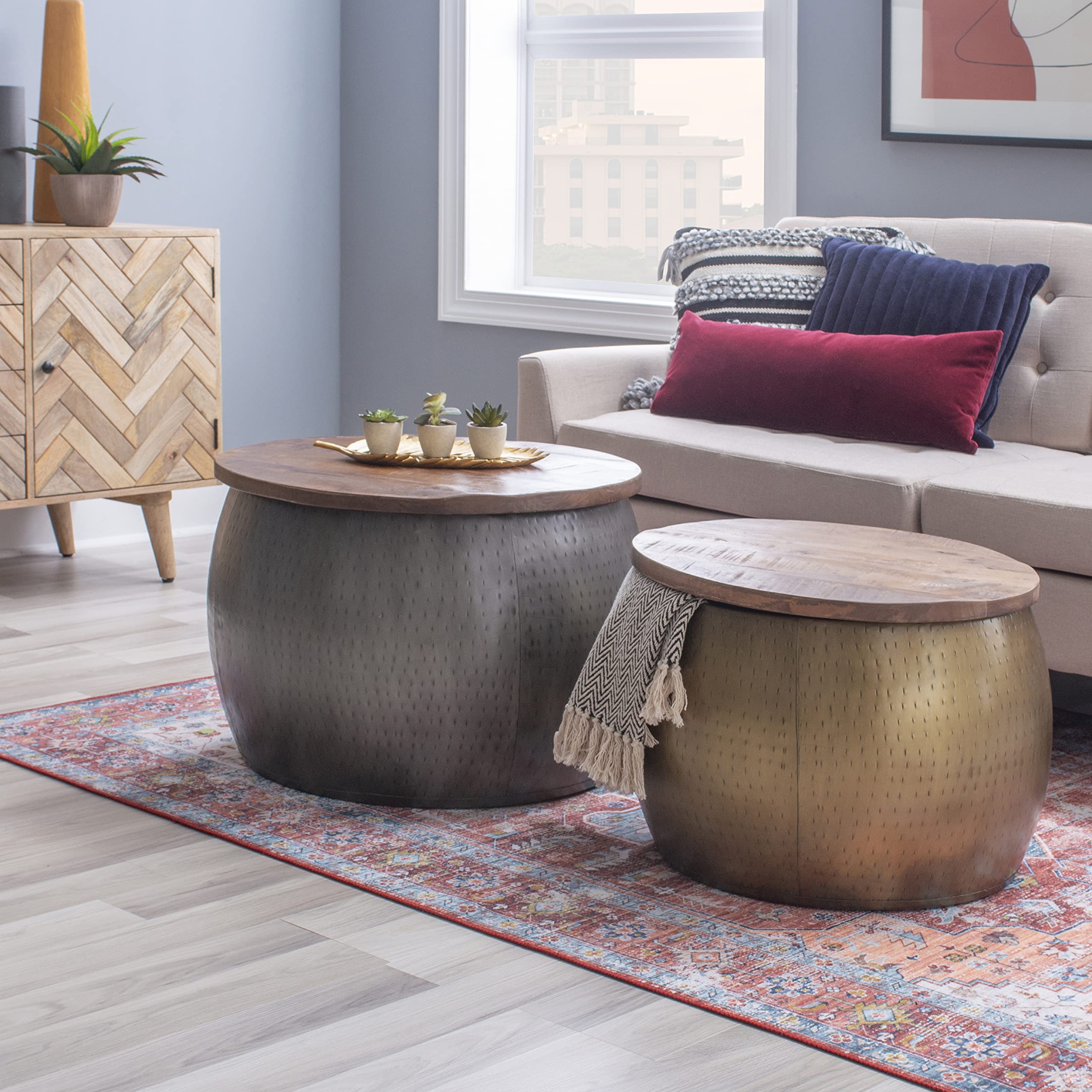 Hammered Silver Drum Table with Natural Wood Lift Top