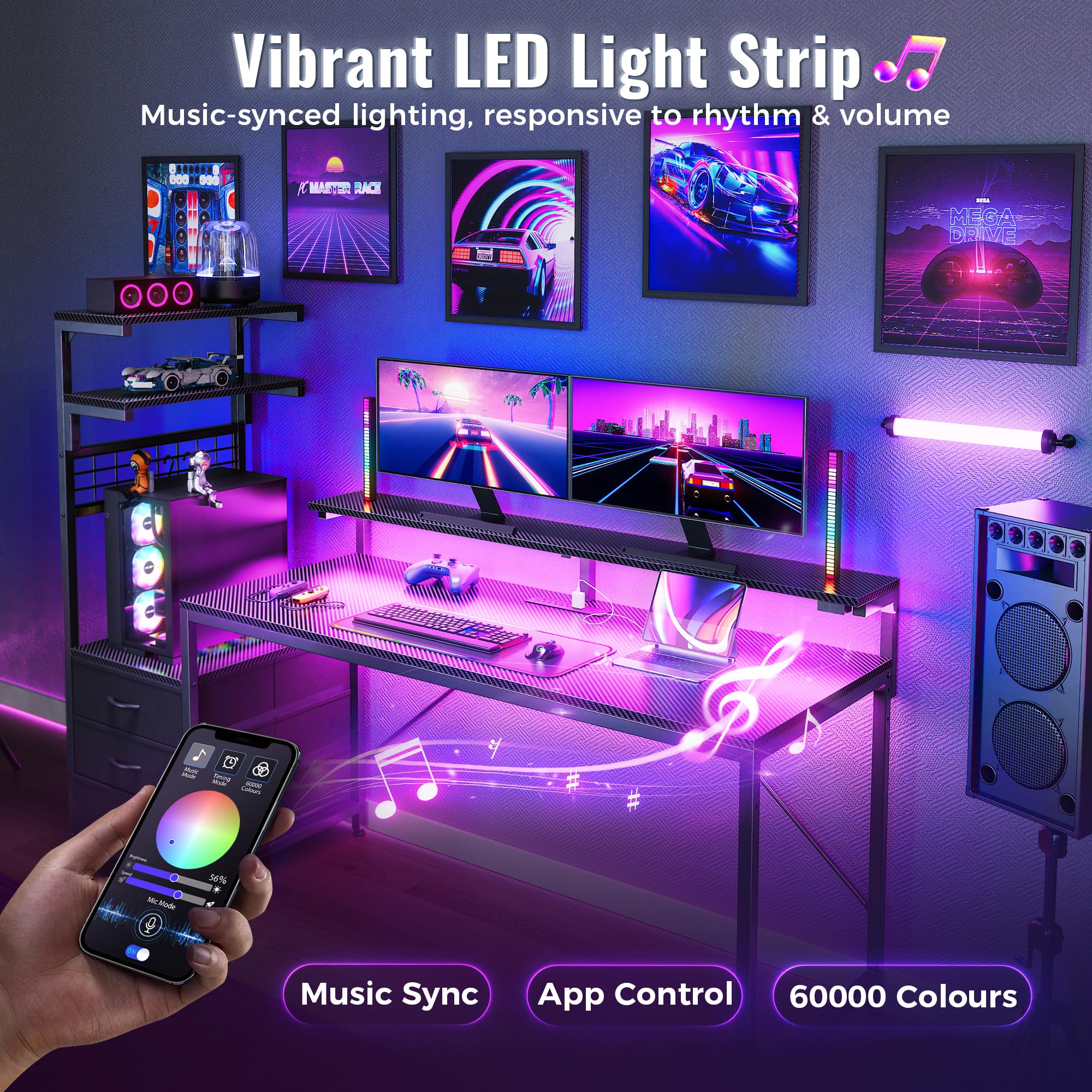 61.7" Gaming Desk with LED Lights and Outlets
