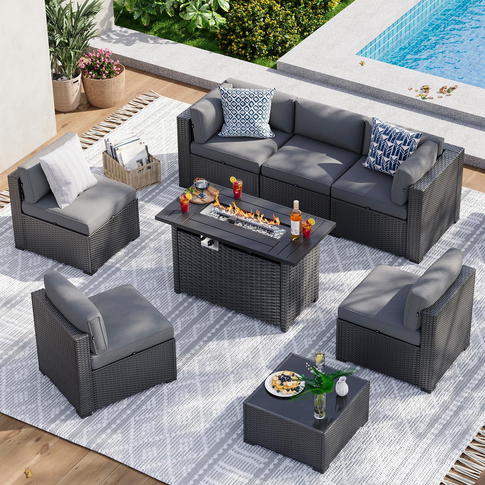 8 Piece Patio Furniture Set with Fire Pit Table