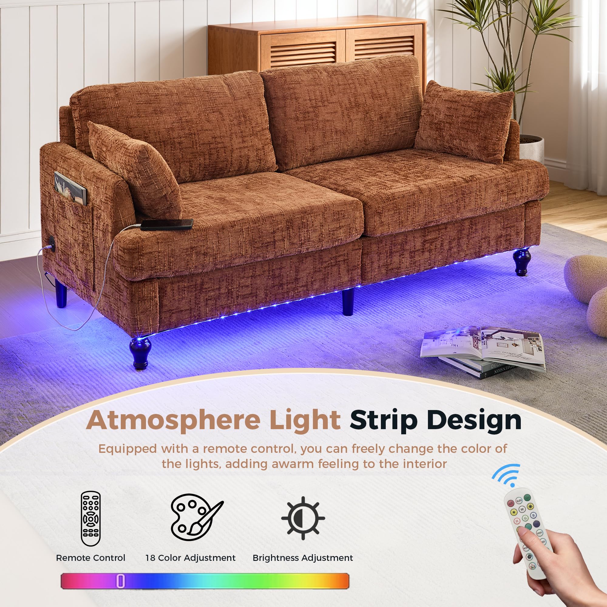 69" Mid-Century Modern Loveseat with USB & LED
