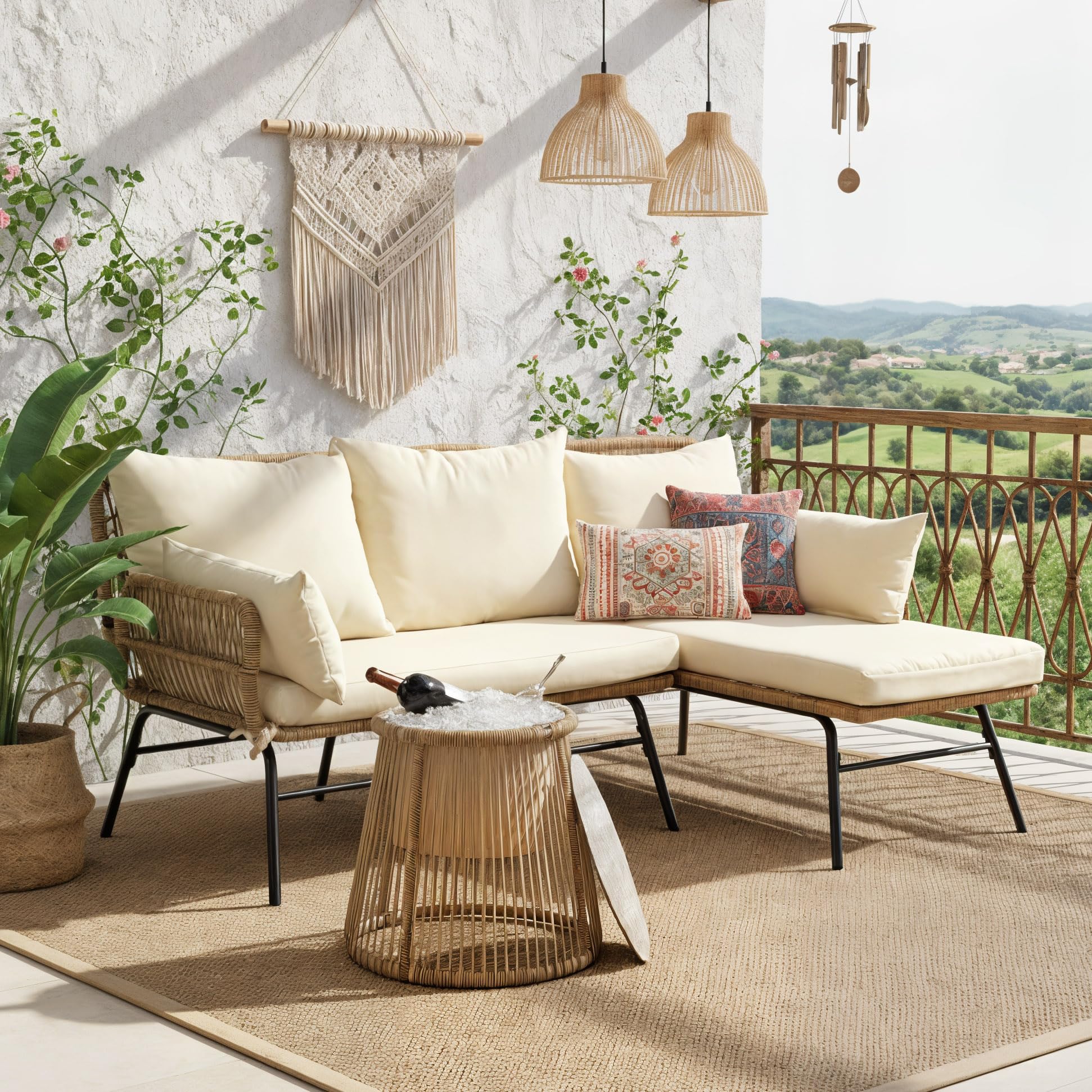 Boho L-Shaped Patio Sectional Sofa Set with Ice Bucket Table