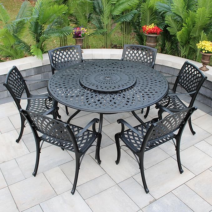 59" Round Outdoor Dining Set with Lazy Susan and 6 Chairs
