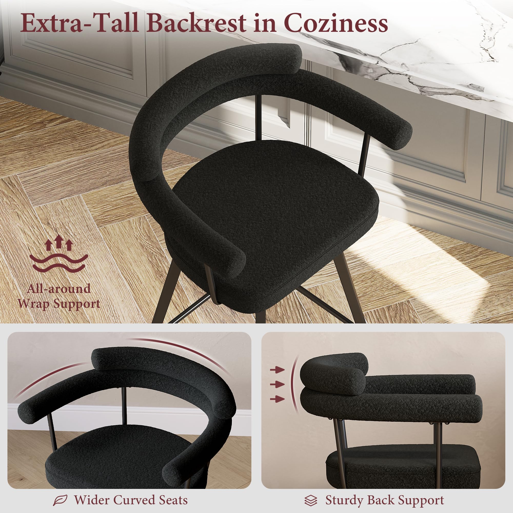 26" Swivel Bar Stools Set of 2 Black Boucle Counter Height