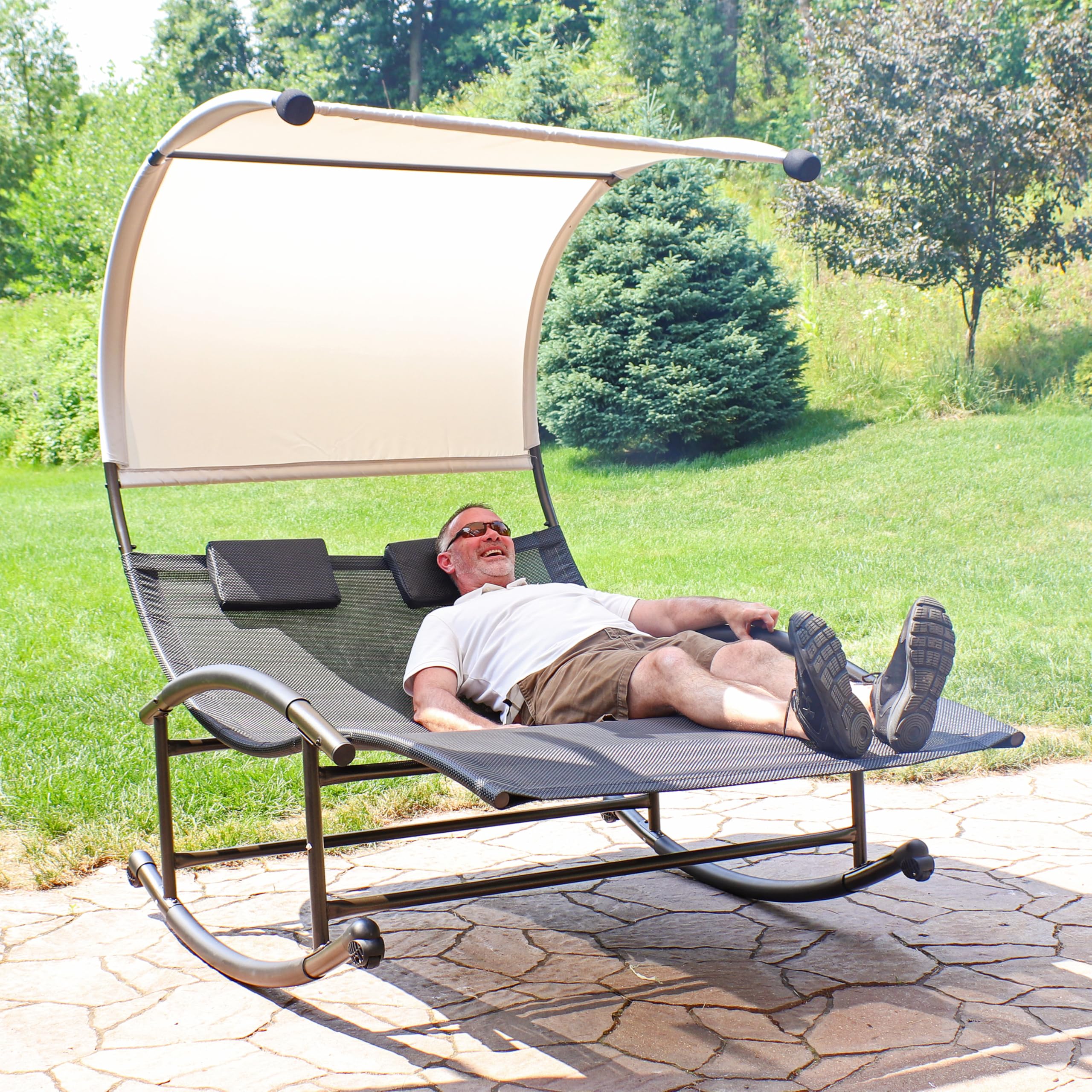 Outdoor Double Chaise Rocking Lounge Chair with Canopy