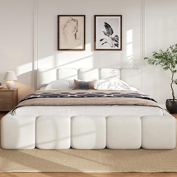 King Size Boucle Platform Bed with Thick Headboard