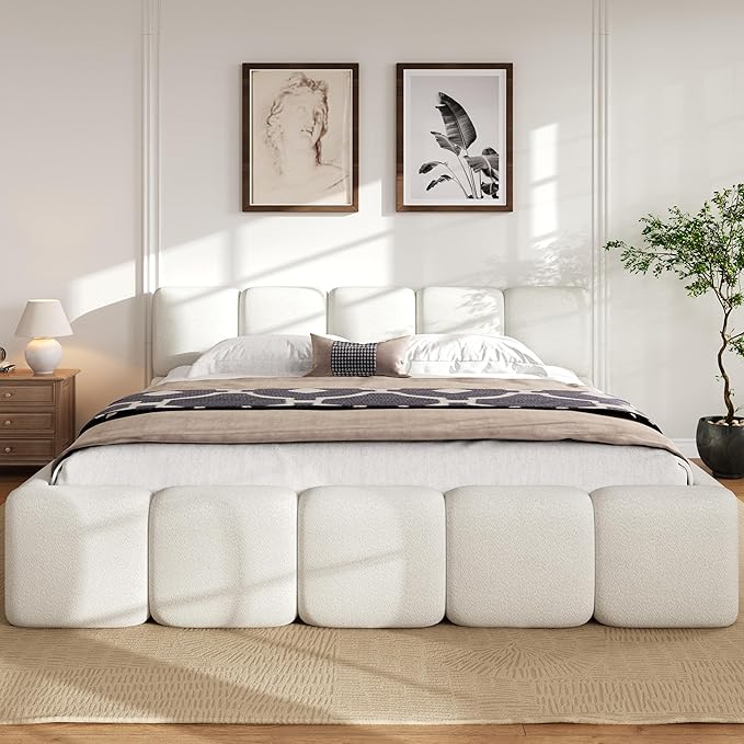 King Size Boucle Platform Bed with Thick Headboard