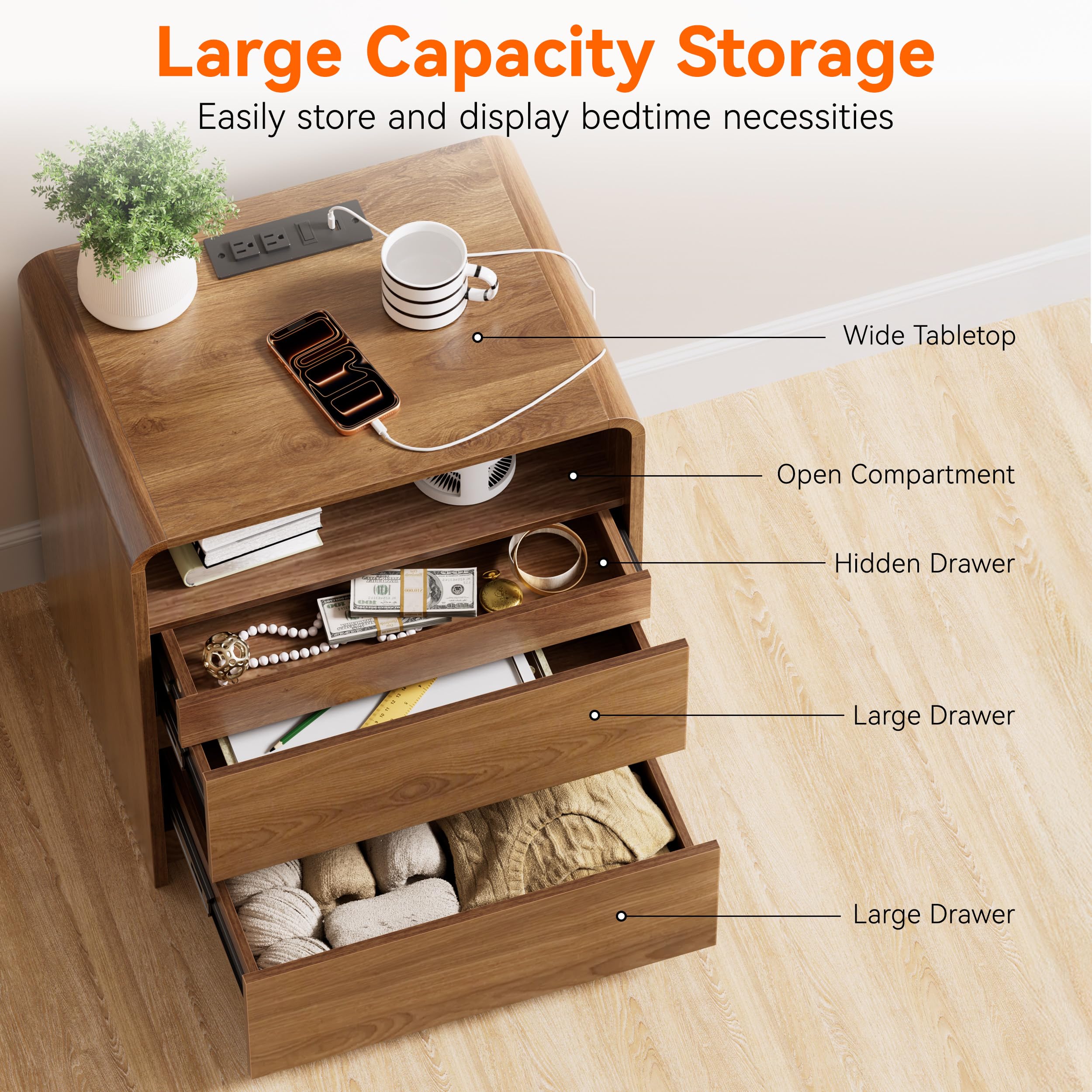 Modern Nightstand with Hidden Drawers and Charger Station