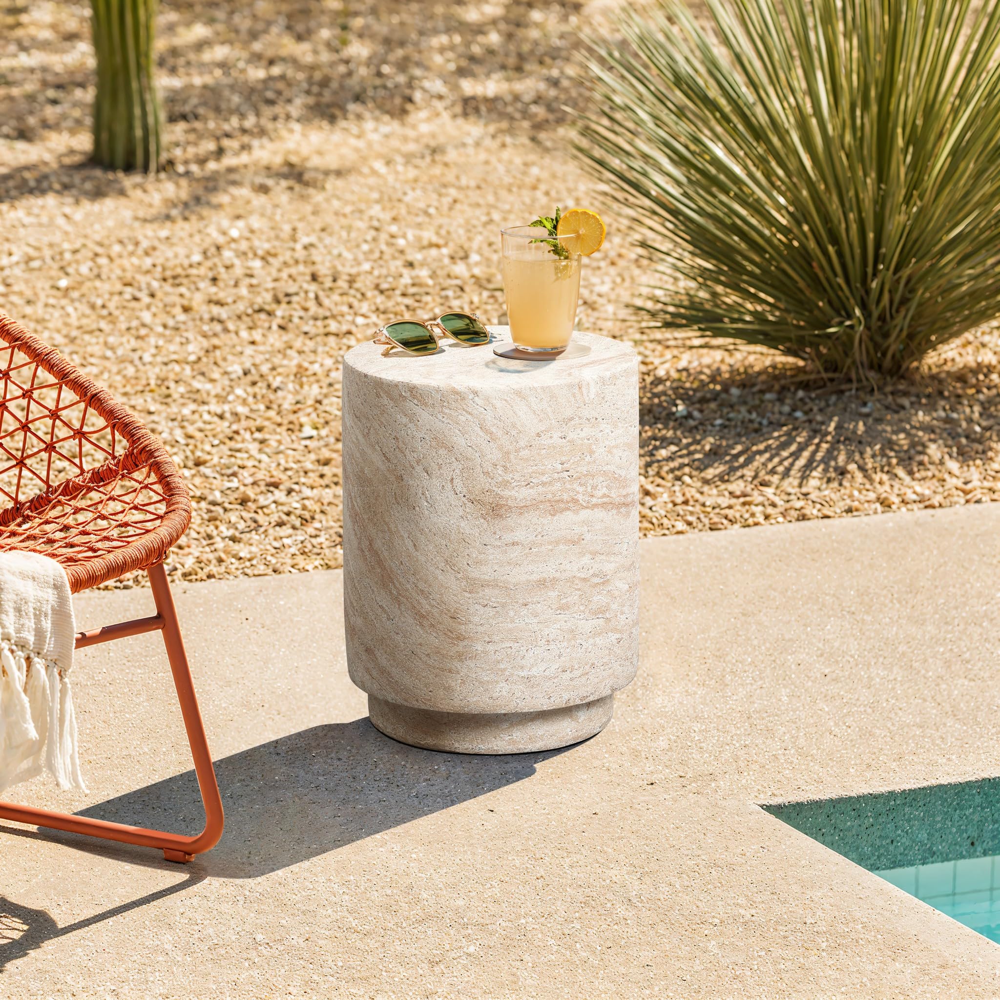 18" Round Travertine-Style Outdoor Side Table