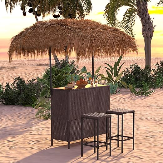 Phuket Patio Tiki Bar Set with Tempered Glass Top