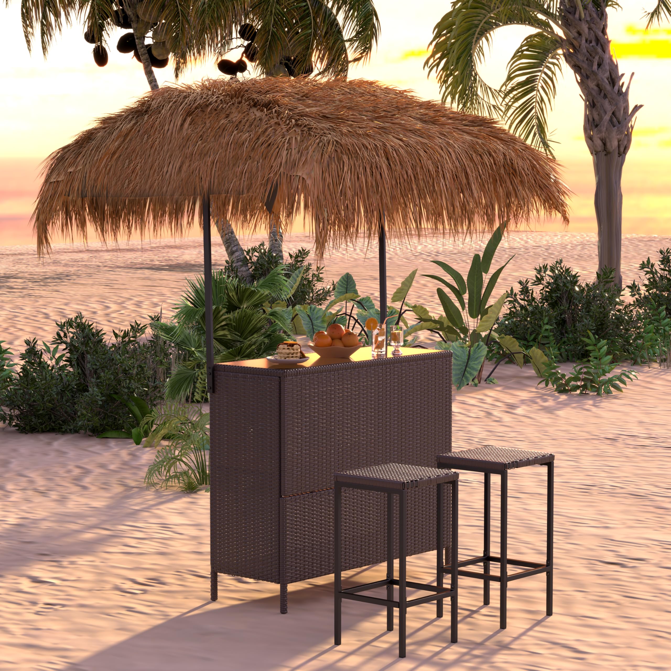 Phuket Patio Tiki Bar Set with Tempered Glass Top