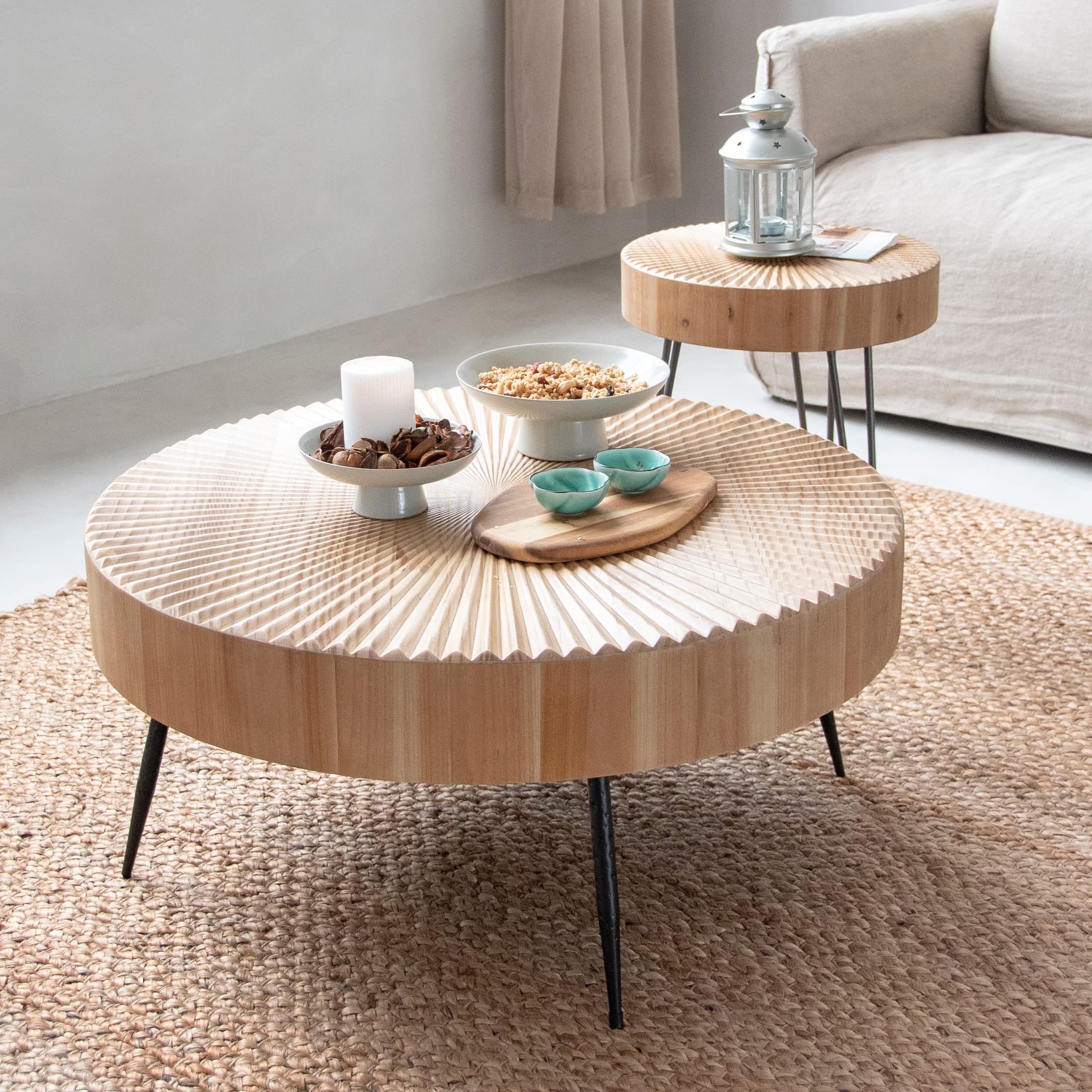 2-Piece Round Nesting Coffee Table Set with Wood Radial Pattern