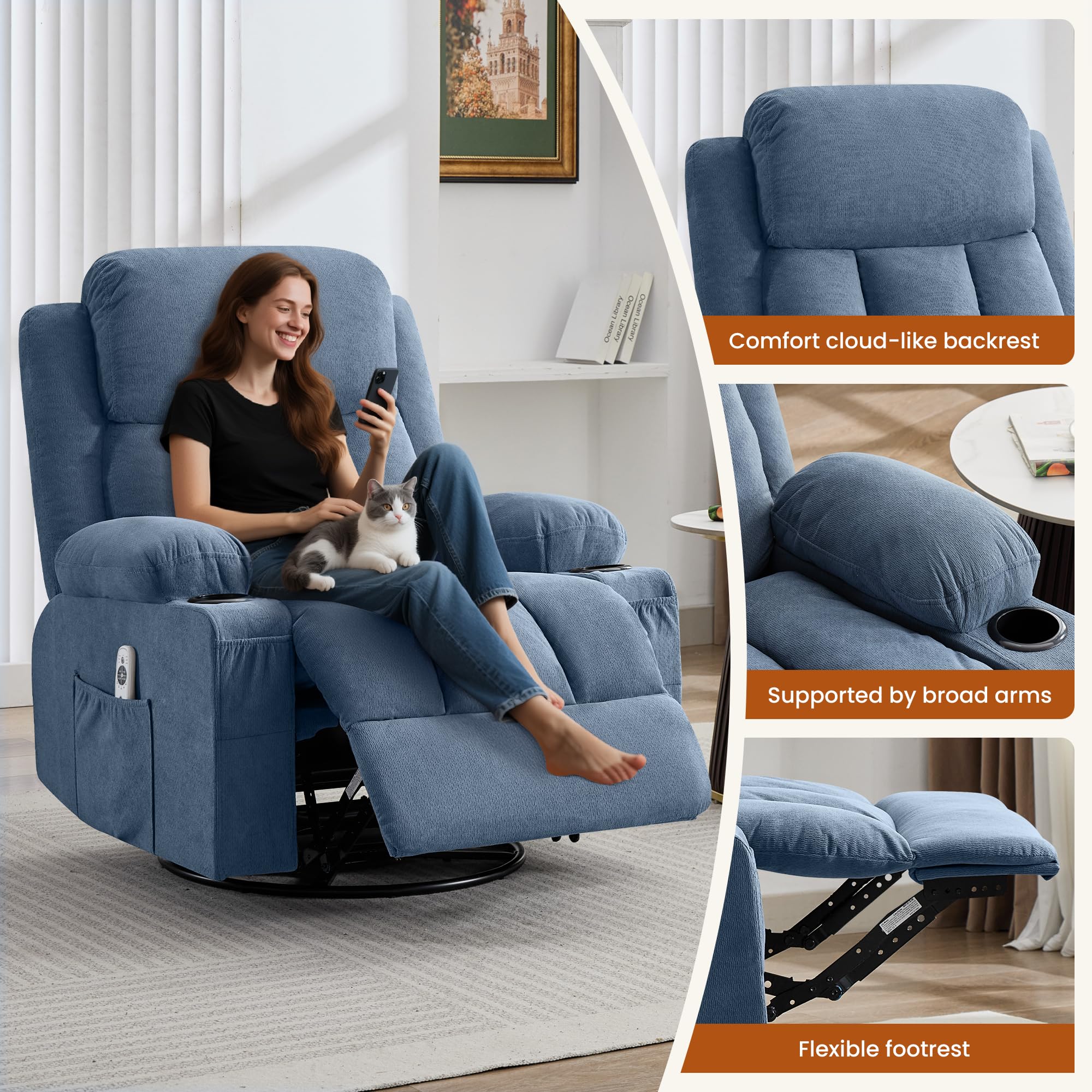 MAHOMICO Swivel Rocker Recliner Chair with Vibration Massage and Heat for Living Room,with Rocking Function and Side Pocket, USB Charge Port,2 Cup Holders