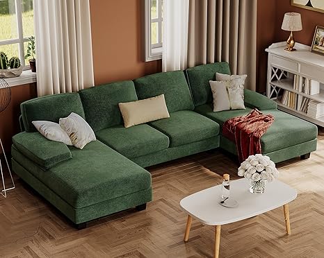 U-Shaped Sectional Sofa with Linen Fabric and Double Chaise