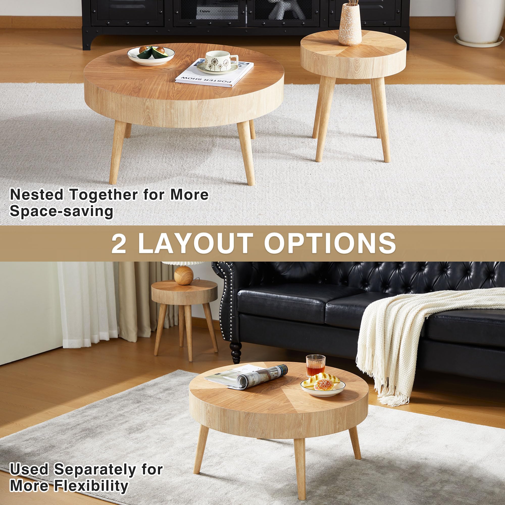 2-Piece Round Wood Coffee Table Set
