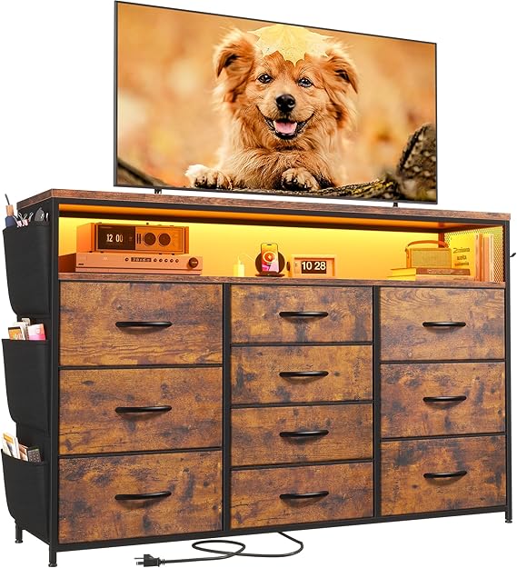 10 Drawer Dresser with Wood Shelves and LED Lights