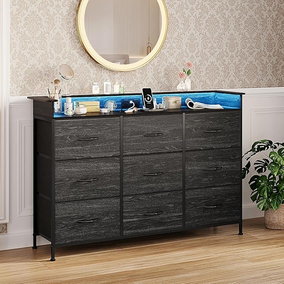 9-Drawer Dresser with LED Lights and Charging Station