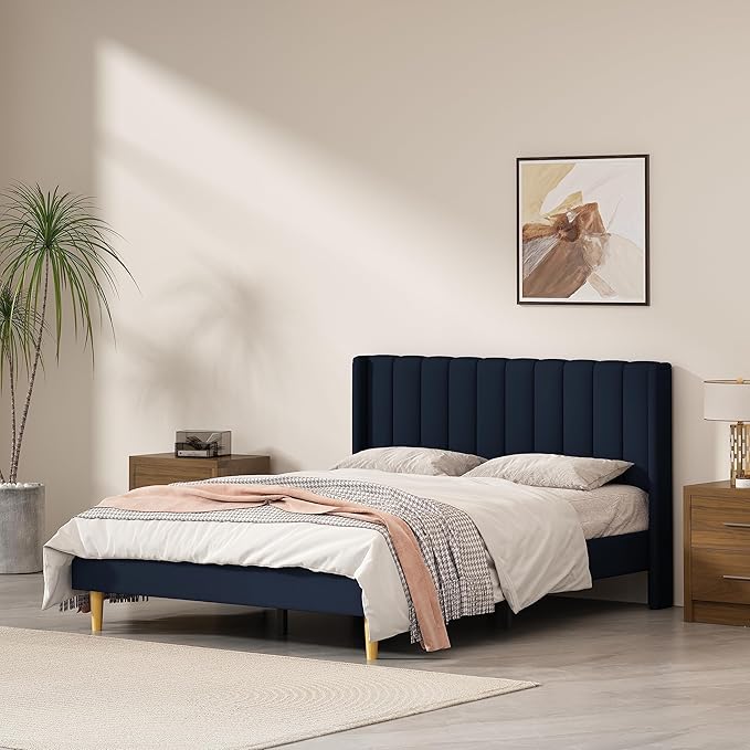 Pink Full Size Upholstered Platform Bed Frame with Wingback Headboard
