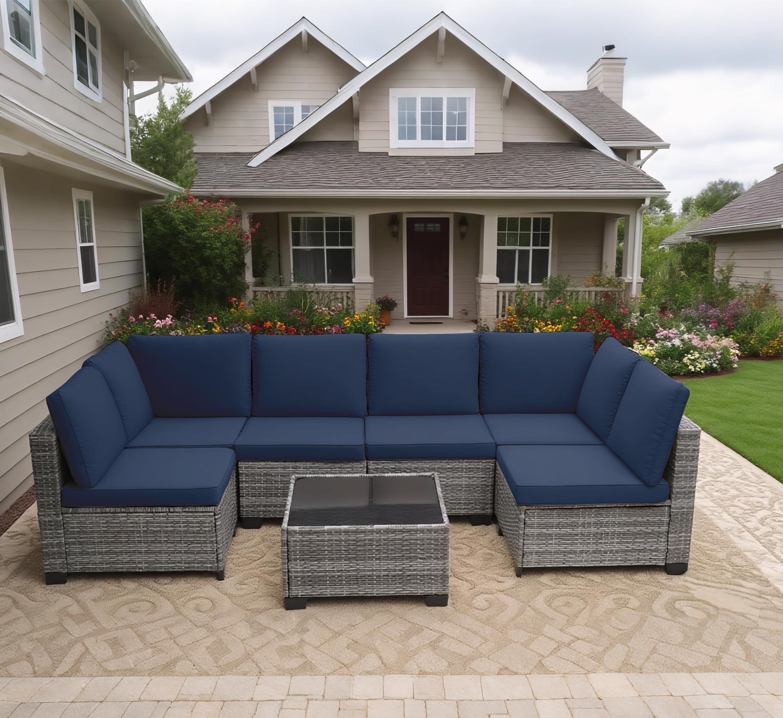 7-Piece Outdoor Sectional Sofa Set with Glass Table