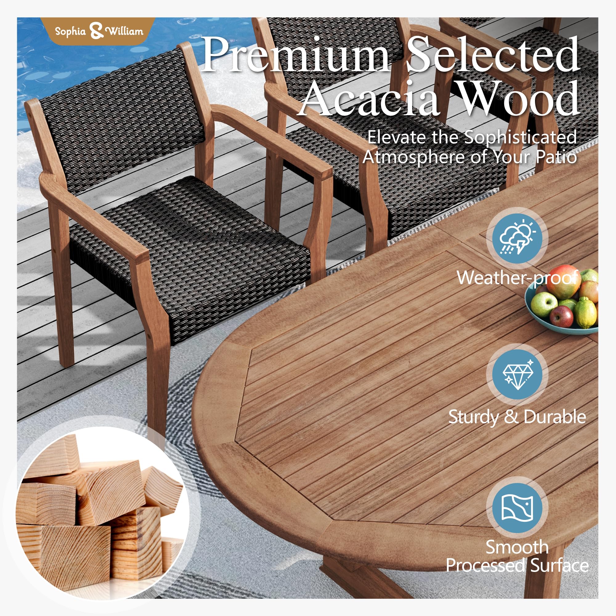 9-Piece Expandable Patio Dining Set with Acacia Wood Table and Rattan Chairs