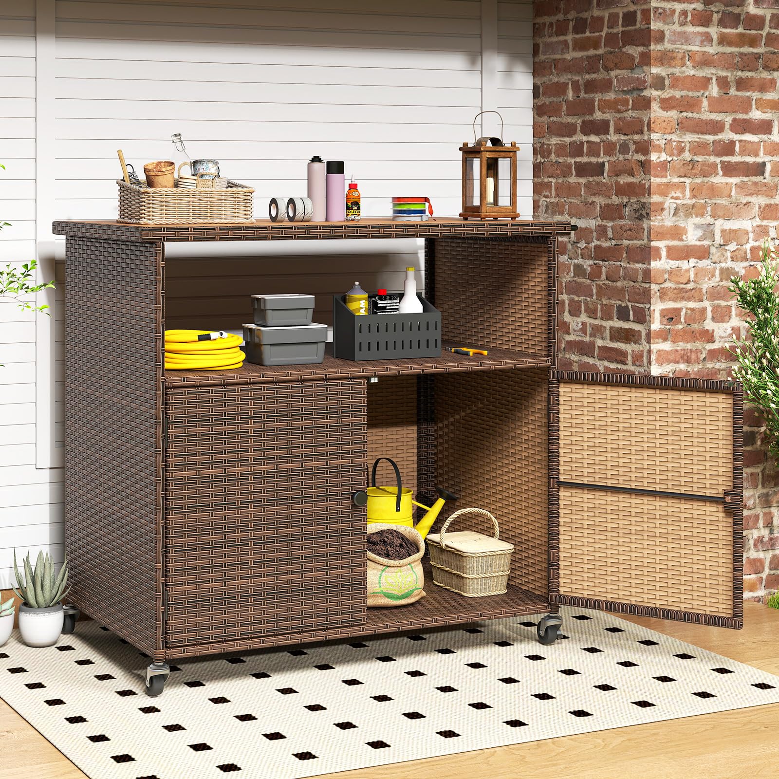 Rattan Outdoor Storage Cabinet with Acacia Wood Countertop