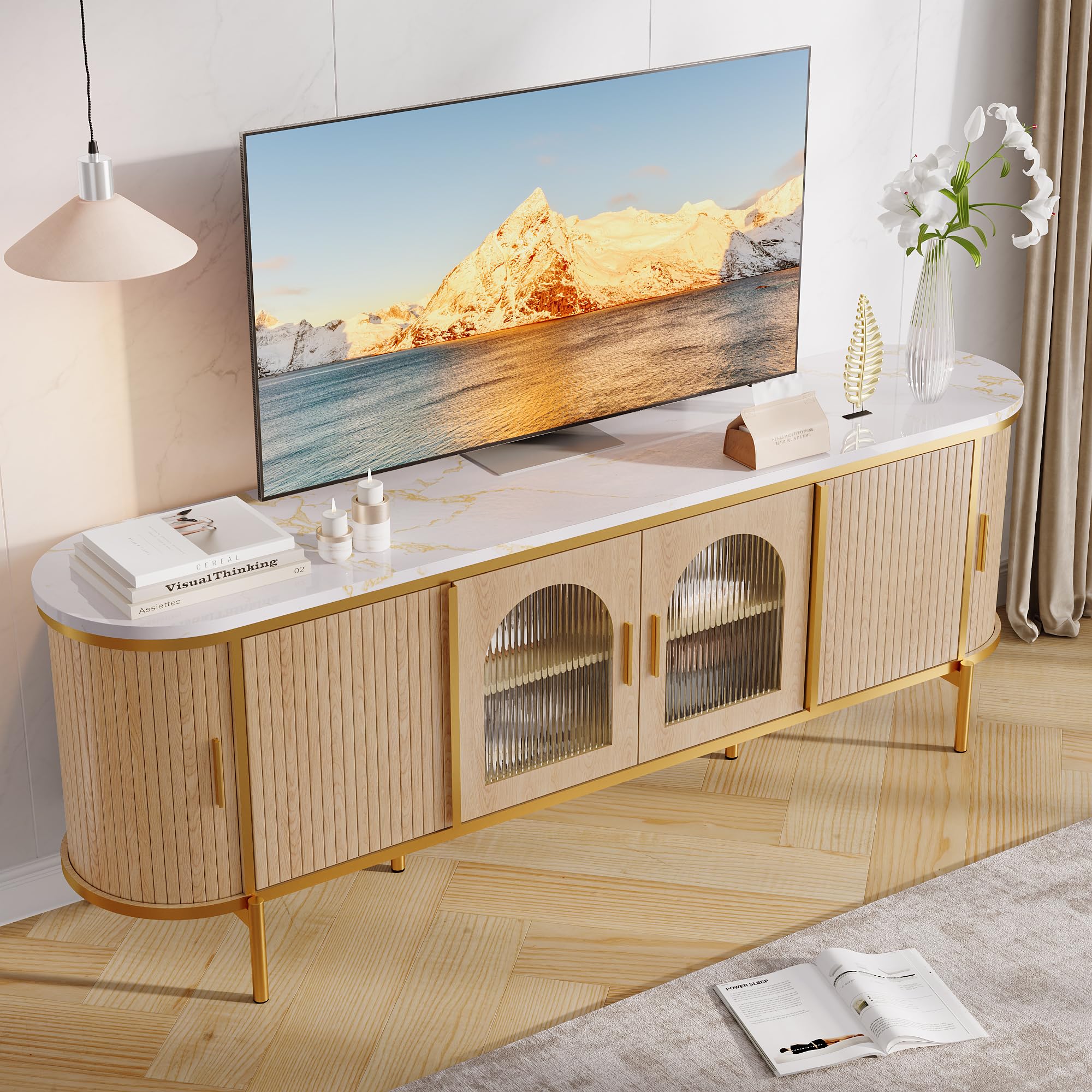 70" Fluted TV Stand with Reeded Glass Door