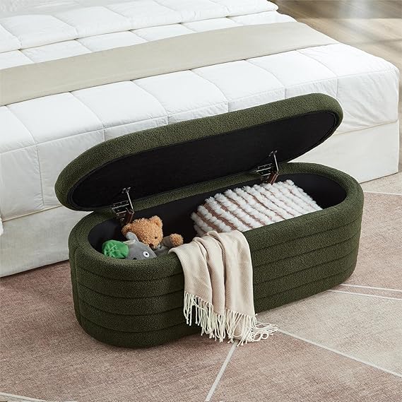 Upholstered Storage Ottoman Bench 45 Inch Blue Boucle