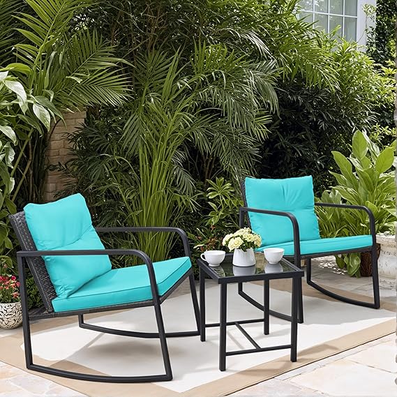 3 Pieces Rocking Wicker Bistro Set with Glass Coffee Table
