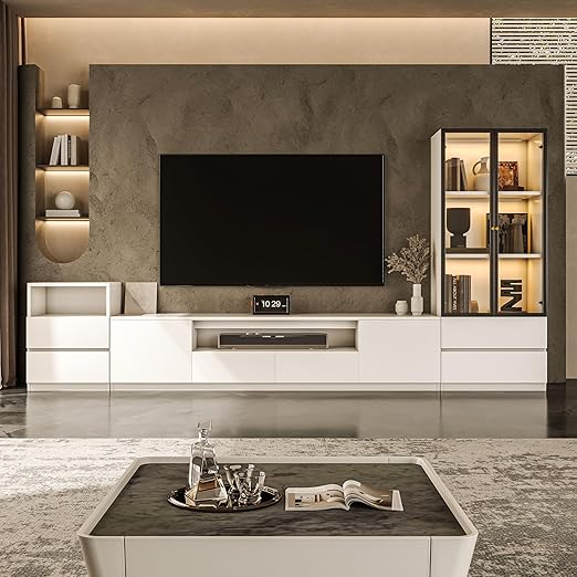 102" White Modern Entertainment Center for 85" TV with Glass Display Cabinet