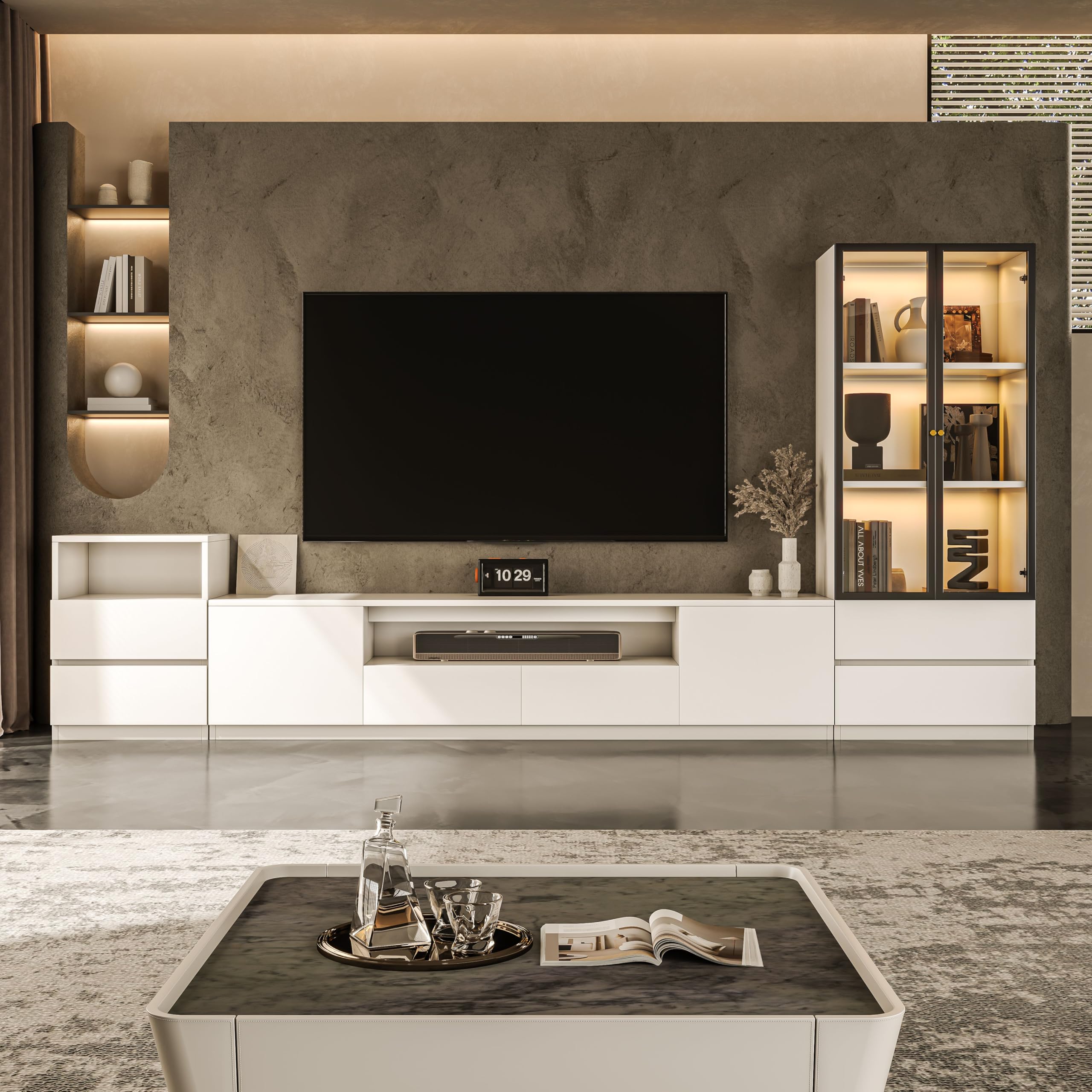 122" White Modern Entertainment Center for 85" TV - 3-Piece Media Console Set