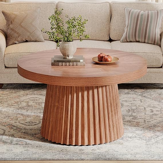 31.5" Round Coffee Table with Fluted Drum Base