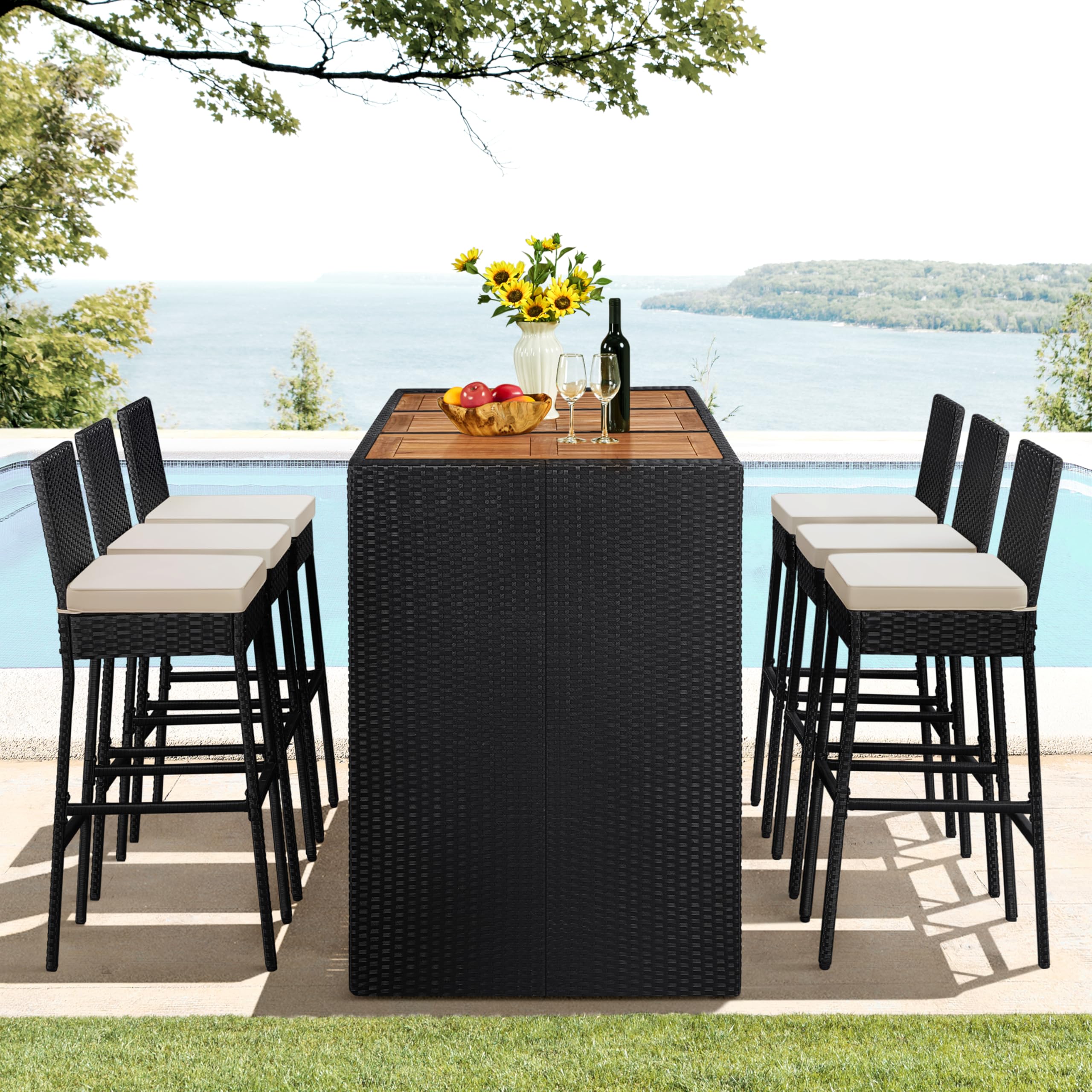 7 Piece Outdoor Bar Set with Acacia Wood Table