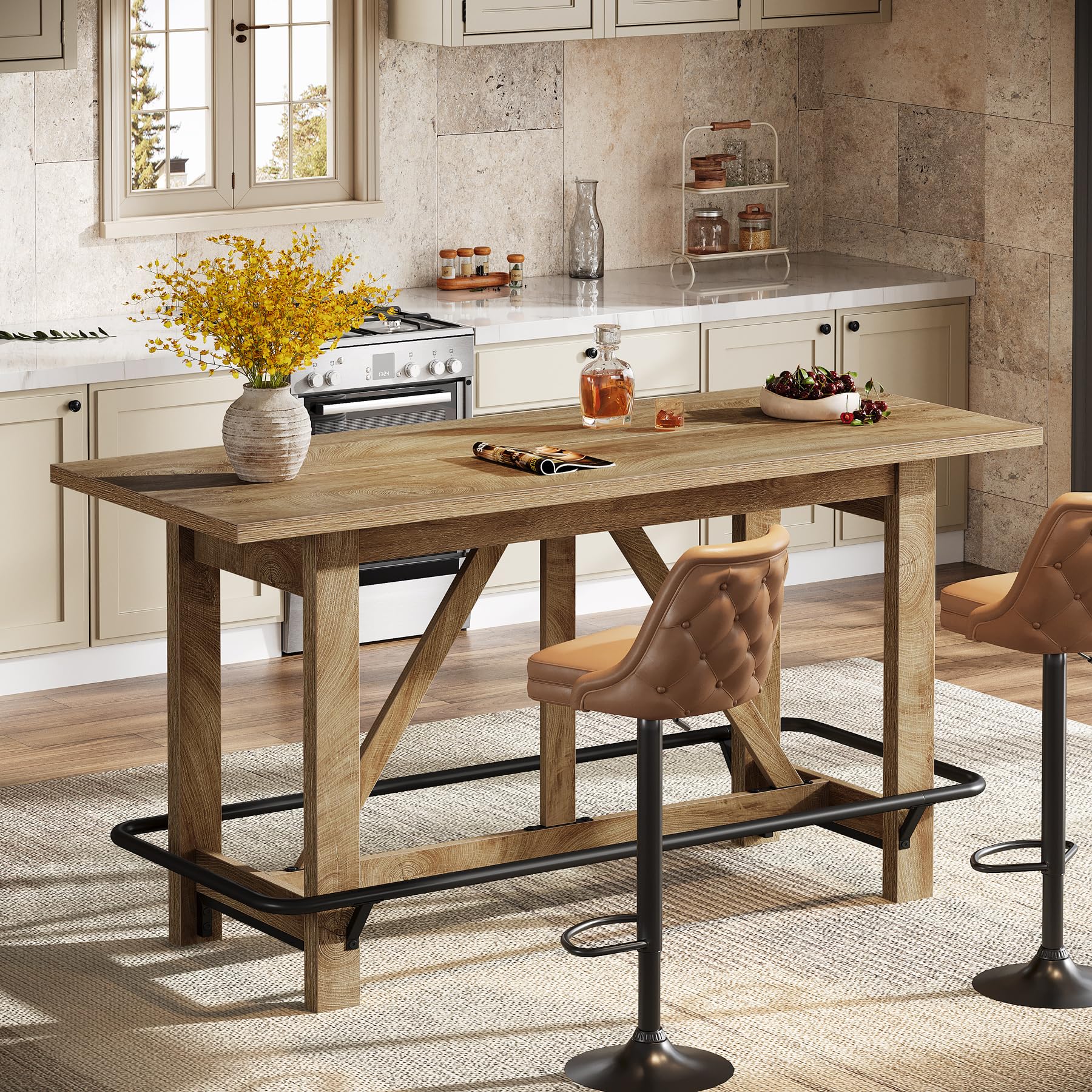 Tribesigns 63" Bar Table, Long Counter Height Pub Dining Table with Footrest, Home Bar Furniture for Bar, Kitchen & Dining Room, Living Room, Brown