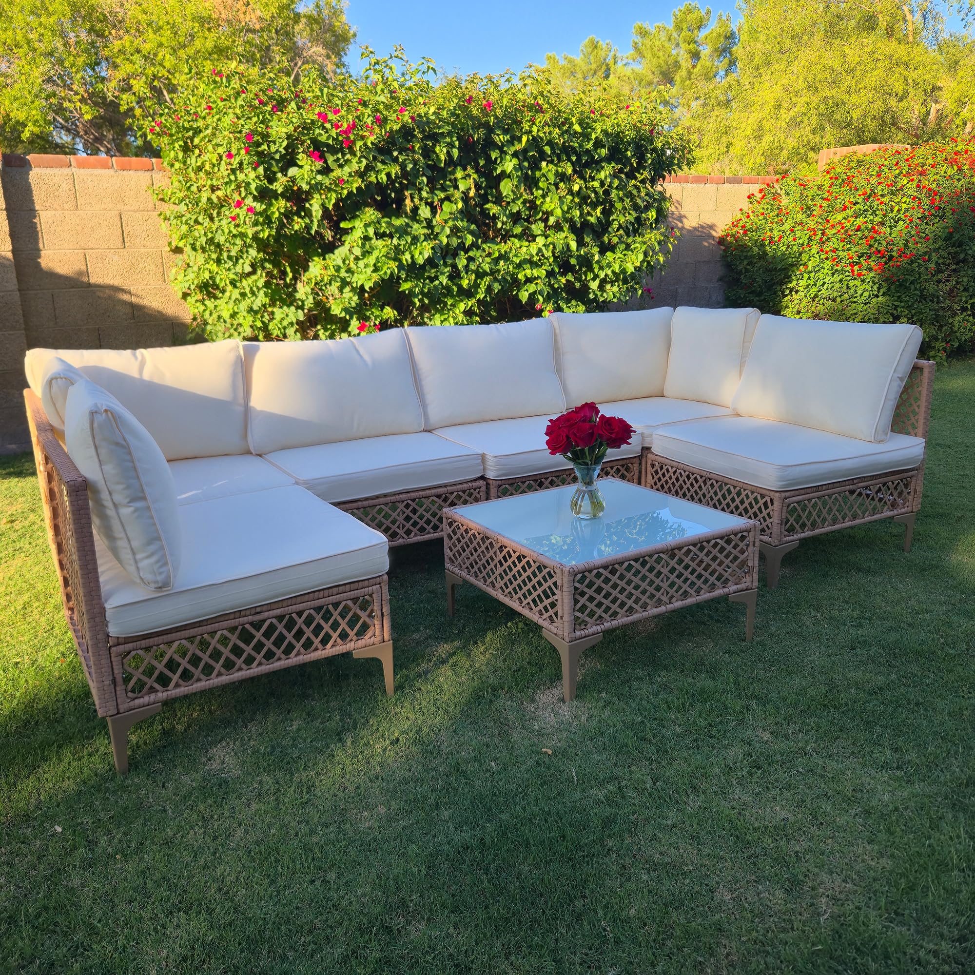 7 Piece Outdoor Wicker Modular Sectional Patio Conversation Set with Cushions & Glass Coffee Table