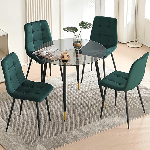 5-Piece Modern Dining Set with Round Tempered Glass Table & Yellow Velvet Chairs