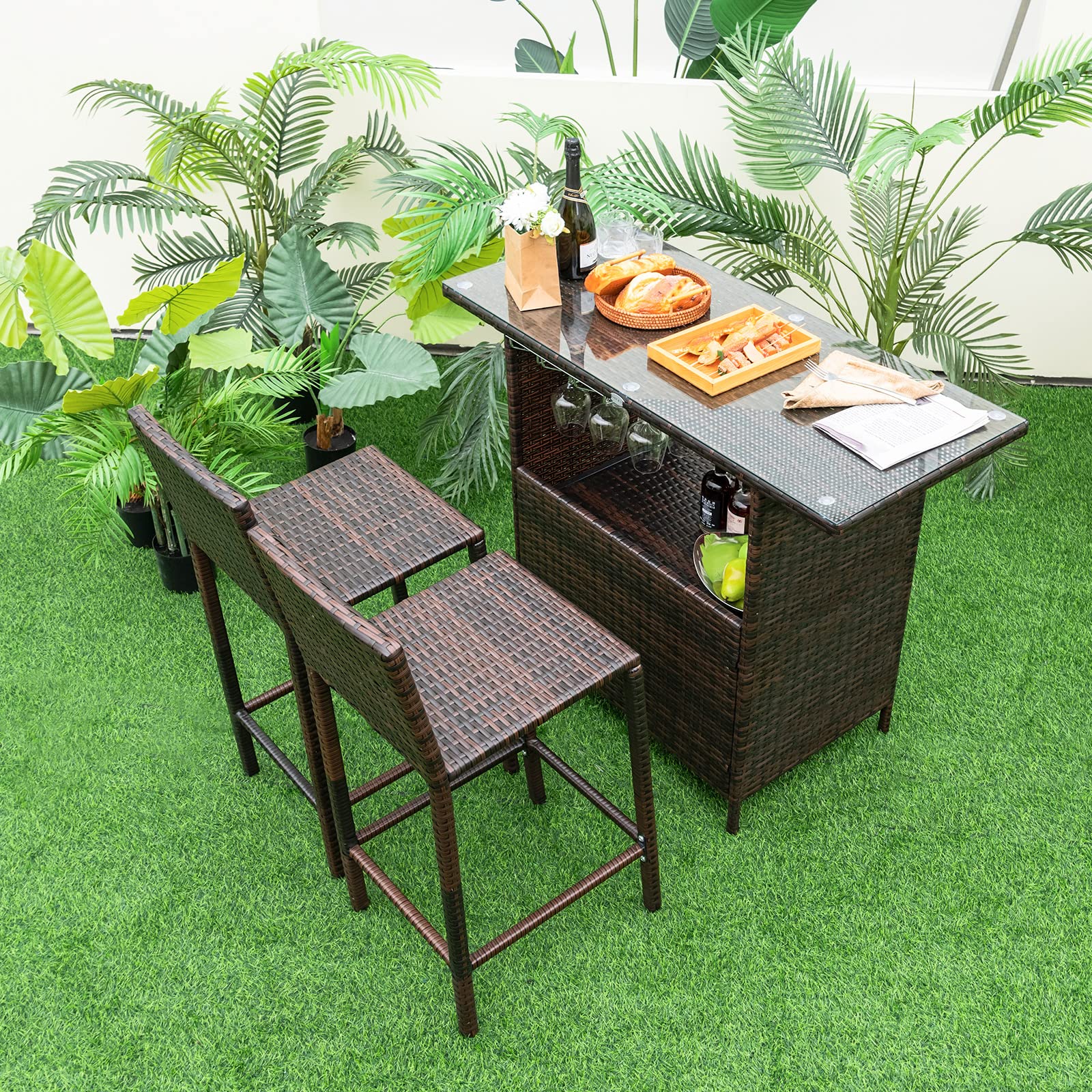 3-Piece Outdoor Bar Set with Stemware Racks