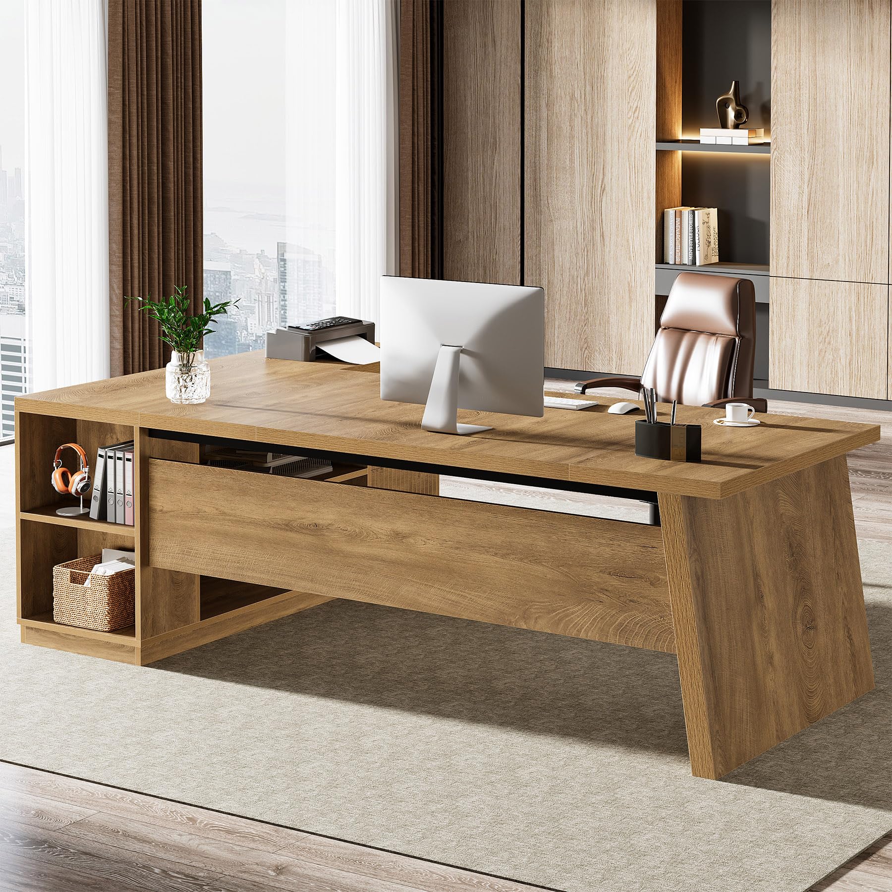 78" L-Shaped Executive Desk with Drawers and File Cabinet